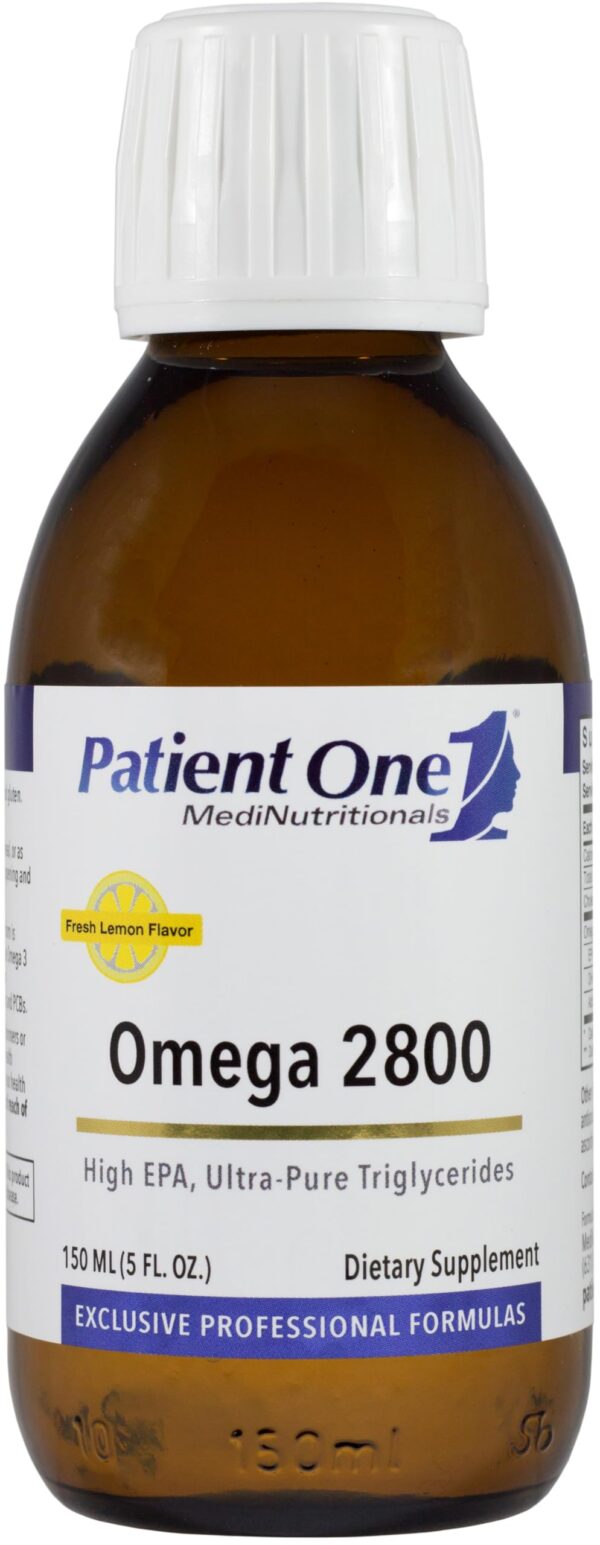 Version 1.0.0 Patient One Omega 2800 líquido frasco con etiqueta limón