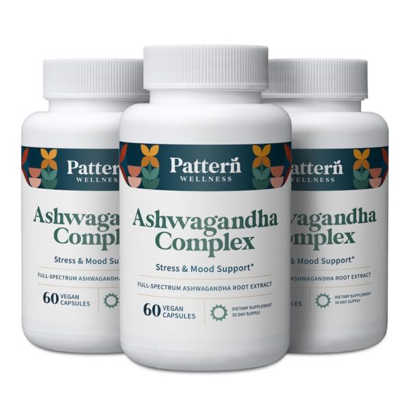 Frasco de cápsulas Ashwagandha Pattern Wellness 180 unidades