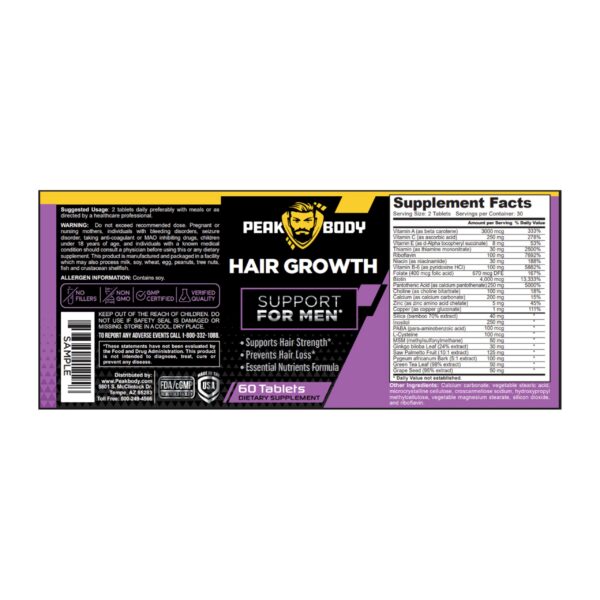 Version 1.0.0 Peak Body tabletas para cabello - etiqueta