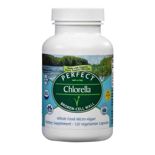 Perfect Chlorella cápsulas envase blanco suplemento de proteína vegetariana