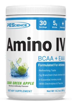 Version 1.0.0 Frente del envase PEScience Amino IV polvo