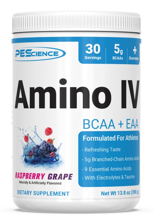 Frasco de PEScience Amino IV BCAA y EAA sabor Frambuesa-Uva