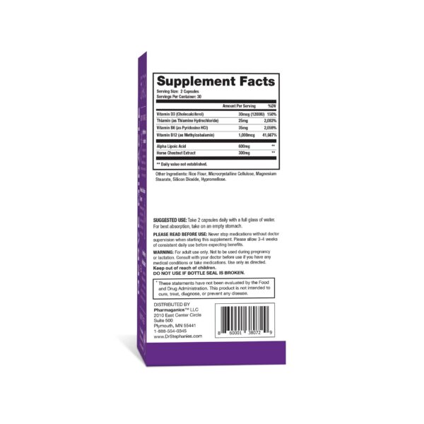 Frasco de Pharmaganics con tapas y etiqueta