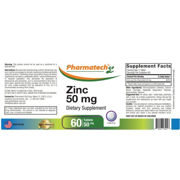 Etiqueta de producto zinc 50 mg Pharmatech