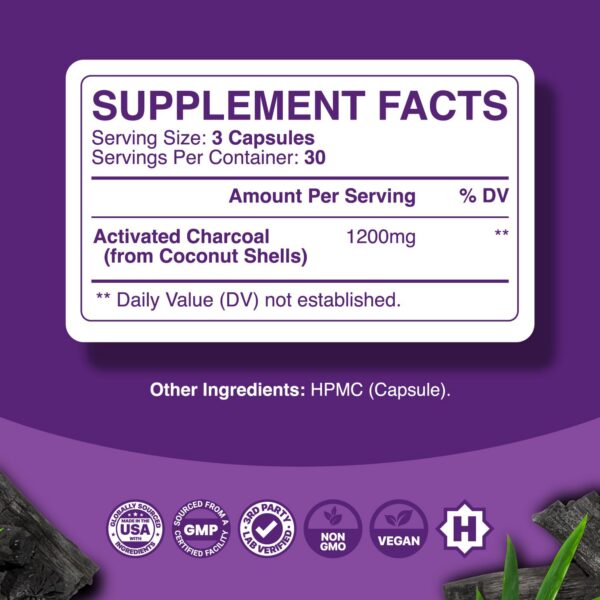 Suplemento detox carvão activado 1200 mg para alivio de distensión