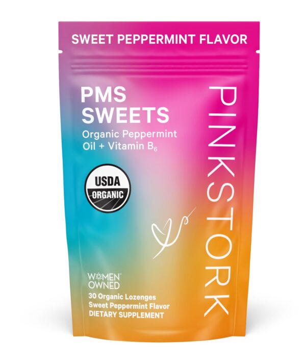 Pink Stork dulces orgánicos para PMS color rosa paquete frontal