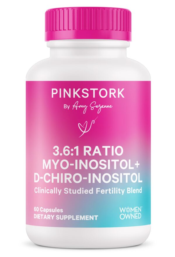 Frasco rosa Pink Stork Inositol 60 cápsulas