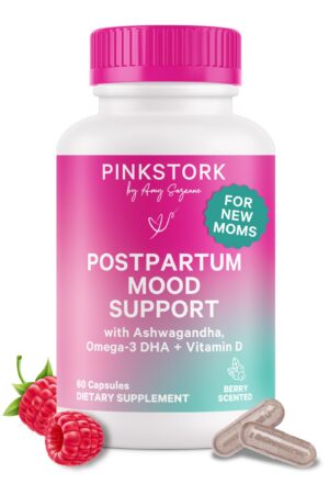Pink Stork Postpartum Mood Support botella y caja