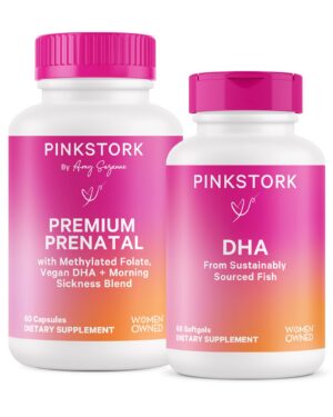 Frasco y etiqueta del Pink Stork Prenatal Duo