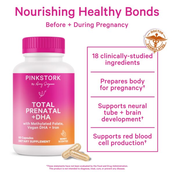 Etiqueta del suplemento Pink Stork prenatal.
