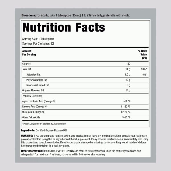 Frente de la botella de aceite de linaza