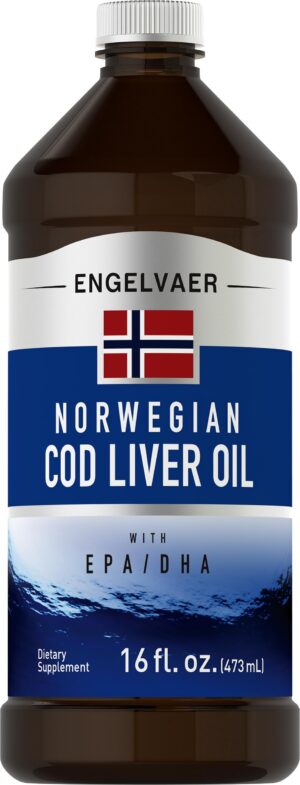 Frasco de cod liver oil líquido con etiqueta