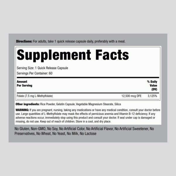 Detalle de cápsulas L-Metilfolato 7.5 mg