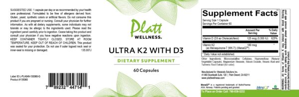 Etiqueta de Platt Wellness Ultra K2 MK-7 y D3