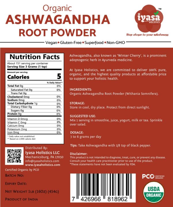 Polvo Ashwagandha orgánico Iyasa Holistics en envase