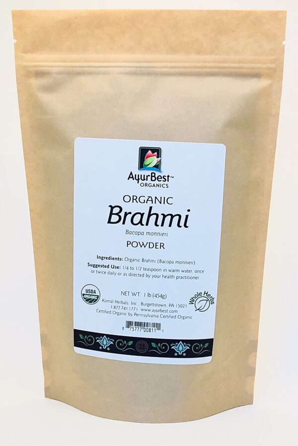 Polvo orgánico de Brahmi Ayurbest en envase