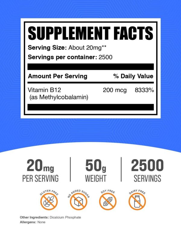 Polvo BulkSupplements vitamina B12 para energía y bienestar