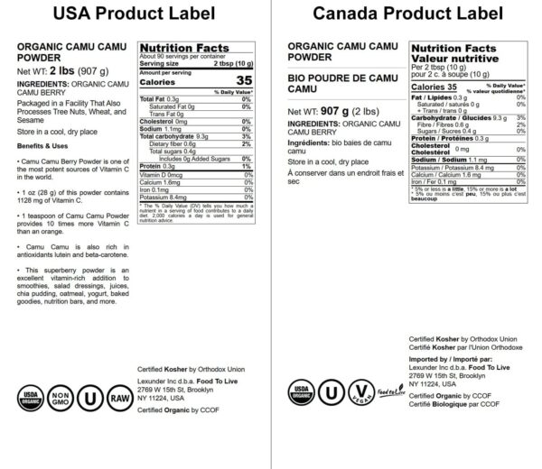 Polvo camu camu orgánico no irradiado Food to Live 2 libras