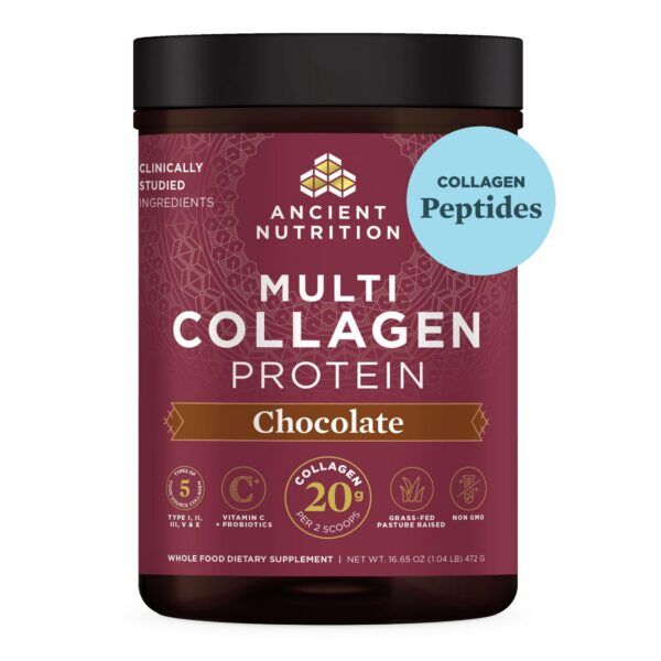 Bote de polvo de colágeno Multi Colágeno sabor chocolate Ancient Nutrition