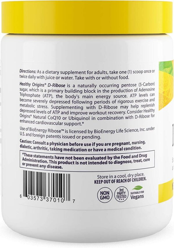 Polvo D-Ribosa Healthy Origins mostrando etiqueta frontal con beneficios