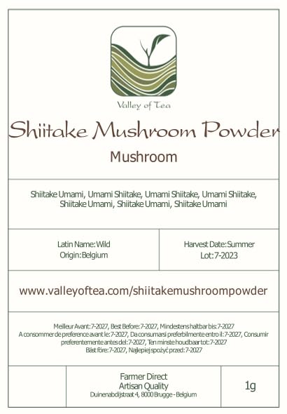 Version 1.0.0 Polvo de hongo Shiitake orgánico en empaque Valley of Tea