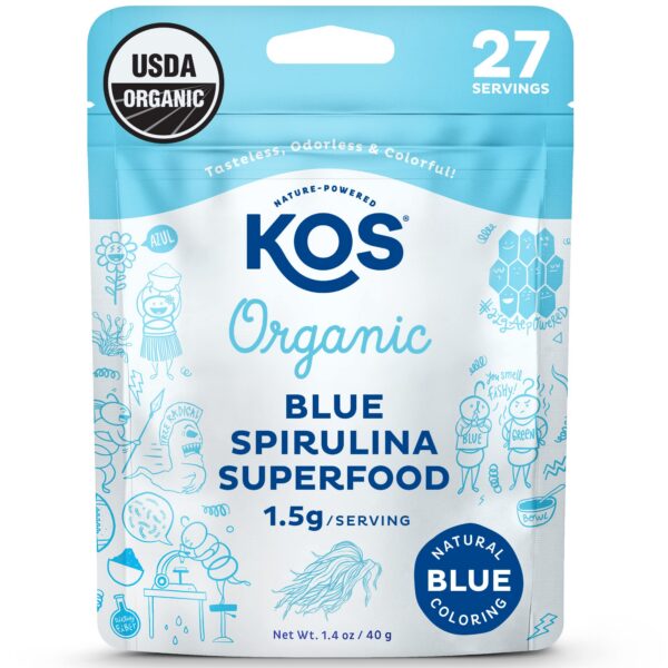 Polvo de espirulina azul orgánica KOS en envase para superalimento vegano