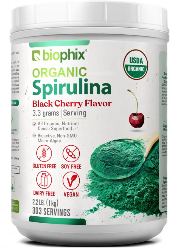 Polvo de espirulina orgánica biophix sabor cereza negra frasco grande