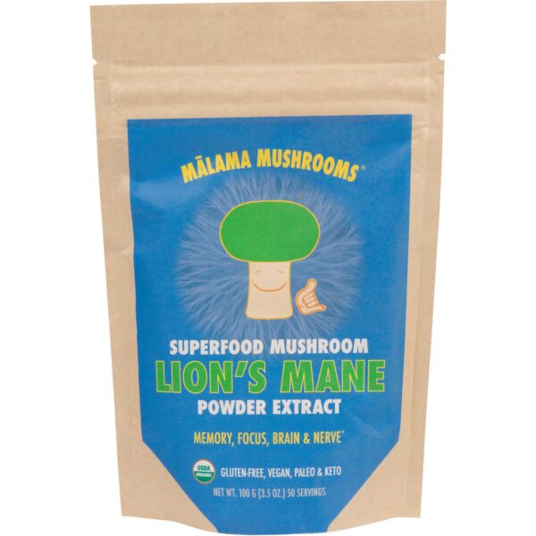 Polvo orgánico de melena de león Malama en envase