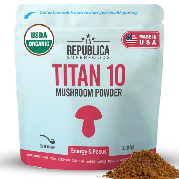 Polvo de hongo orgánico Titan 10 LRLA SUPERFOODS en envase