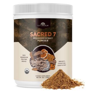 Polvo de hongos Sacred 7 Naturealm en envase de 8 oz