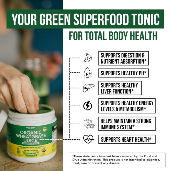 Version 1.0.0 Polvo de jugo de hierba de trigo bioactivo y orgánico en envase