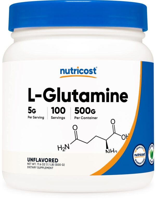 Polvo de L-Glutamina Nutricost 500 gramos sin sabor envase frontal