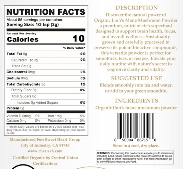 Polvo de melena de len orgnico en cuchara