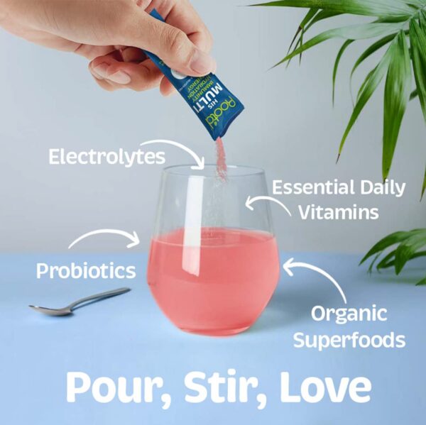 Powder multivitamin being poured into liquid