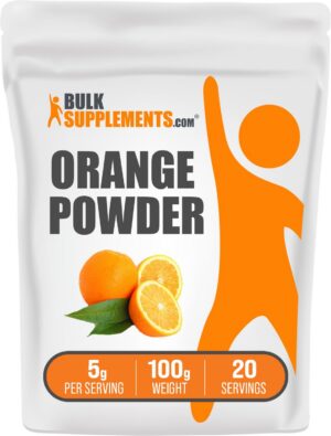 Version 1.0.0 Paquete de polvo de naranja BulkSupplements en envase blanco