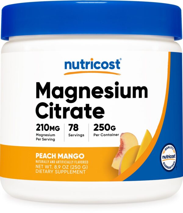 Version 1.0.0 Polvo Nutricost Citrato de Magnesio sabor durazno mango envase