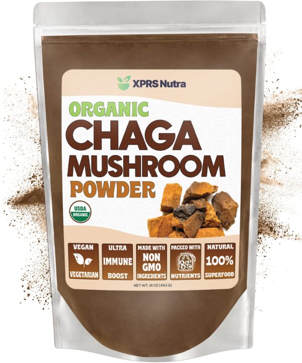 Polvo orgánico de champiñón Chaga XPRS Nutra en paquete