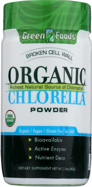 Version 1.0.0 Polvo orgánico de chlorella Green Foods sin gluten en envase