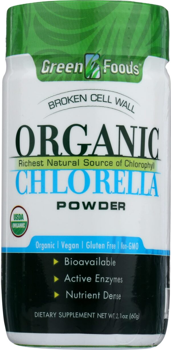 Polvo orgánico de chlorella Green Foods sin gluten en envase