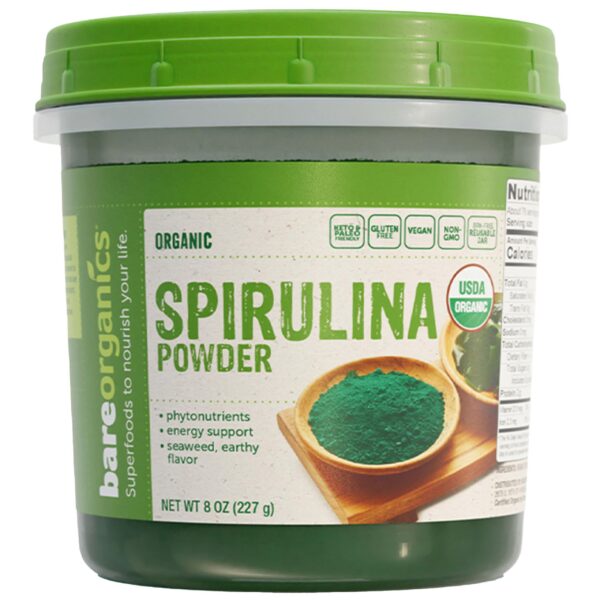 Polvo orgánico de espirulina cruda BareOrganics 8 onzas