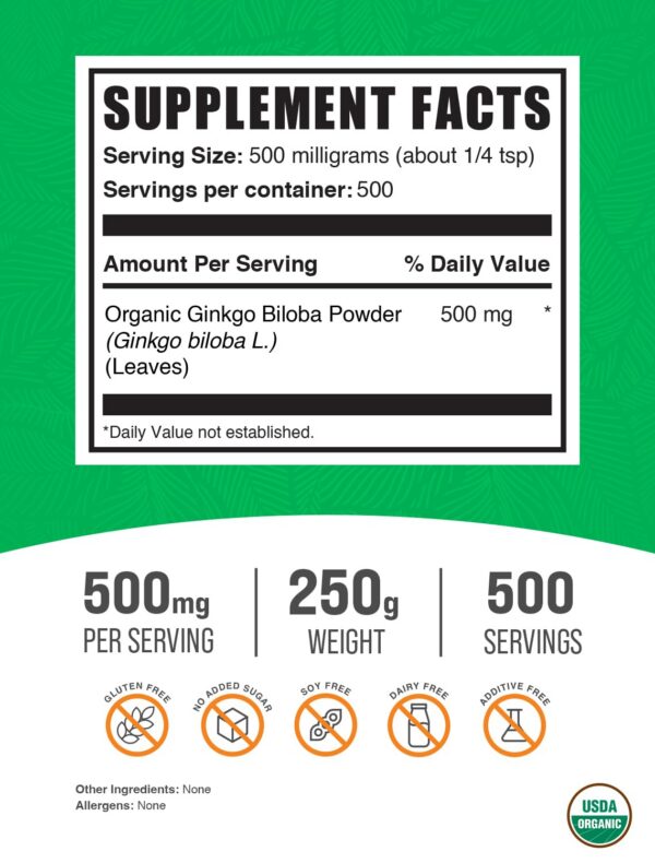 Version 1.0.0 Polvo orgánico Ginkgo Biloba BulkSupplements para salud y bienestar