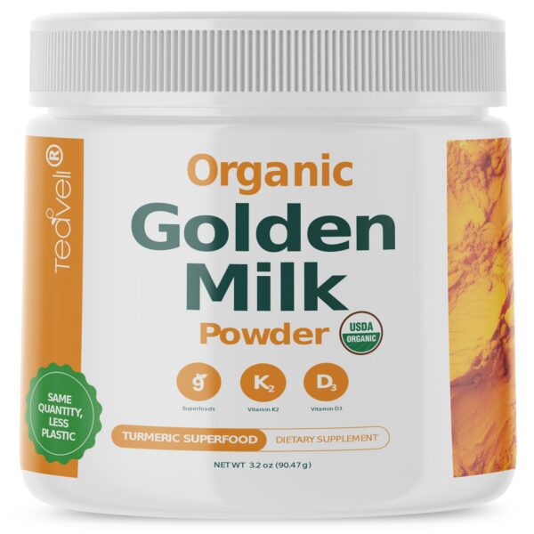 Polvo orgánico Golden Milk con cúrcuma y vitaminas D3 y K2
