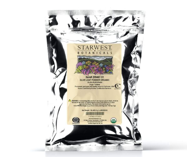 Polvo orgánico hoja de olivo Starwest Botanicals paquete resellable