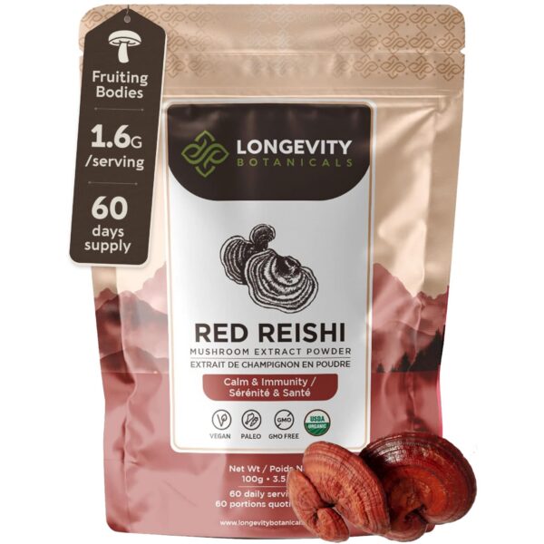 Version 1.0.0 Polvo orgánico de hongo reishi Longevity Botanicals 100 gramos