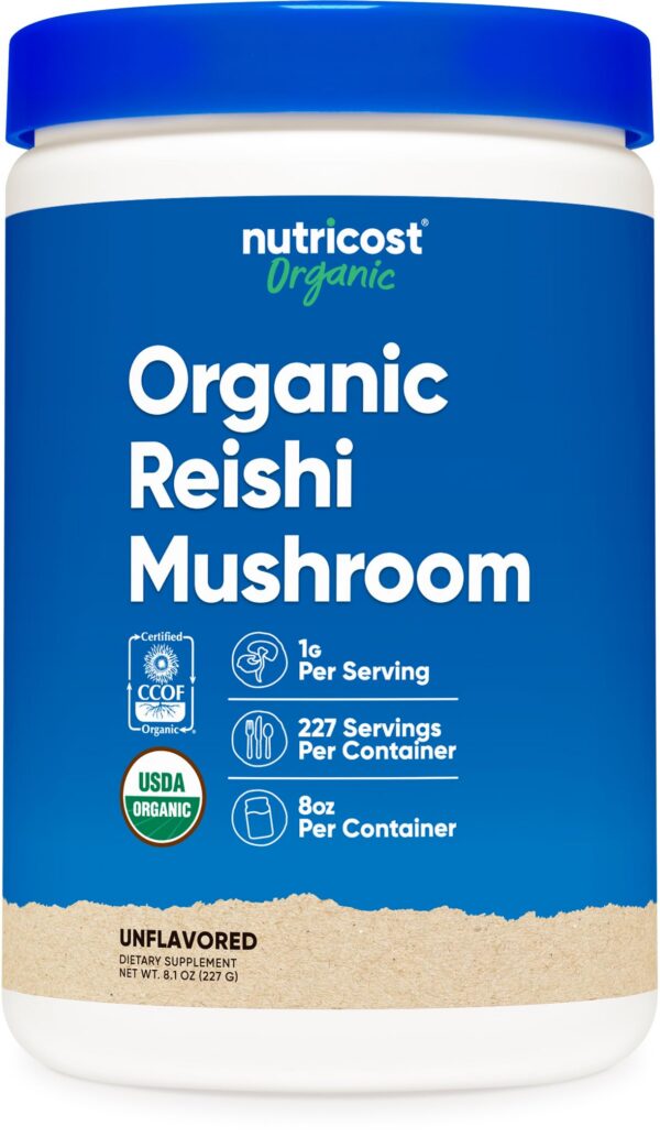 Polvo orgánico hongo reishi Nutricost 8oz envase