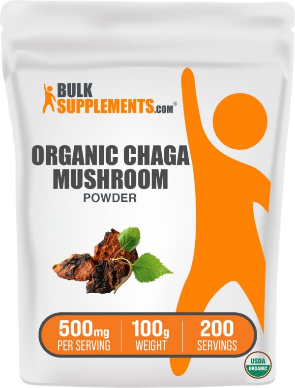Polvo orgánico de hongos Chaga BulkSupplements en envase blanco