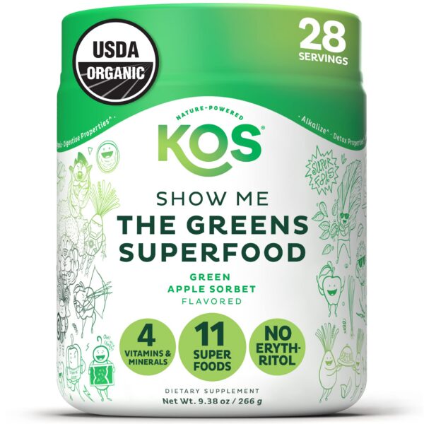 Polvo orgánico KOS Supergreens en empaque con sabor manzana verde