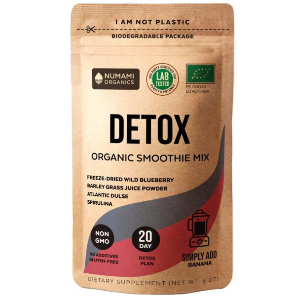 Version 1.0.0 Polvo orgánico Numami Detox batido arándano y spirulina