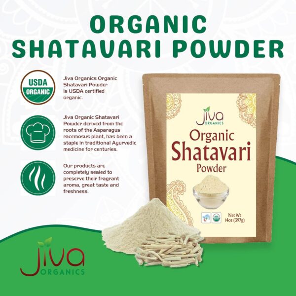 Polvo orgánico Shatavari ayurvédico Jiva Organics presentación
