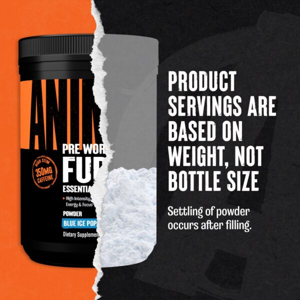 Polvo pre entreno Animal Fury en vaso con bebida azul
